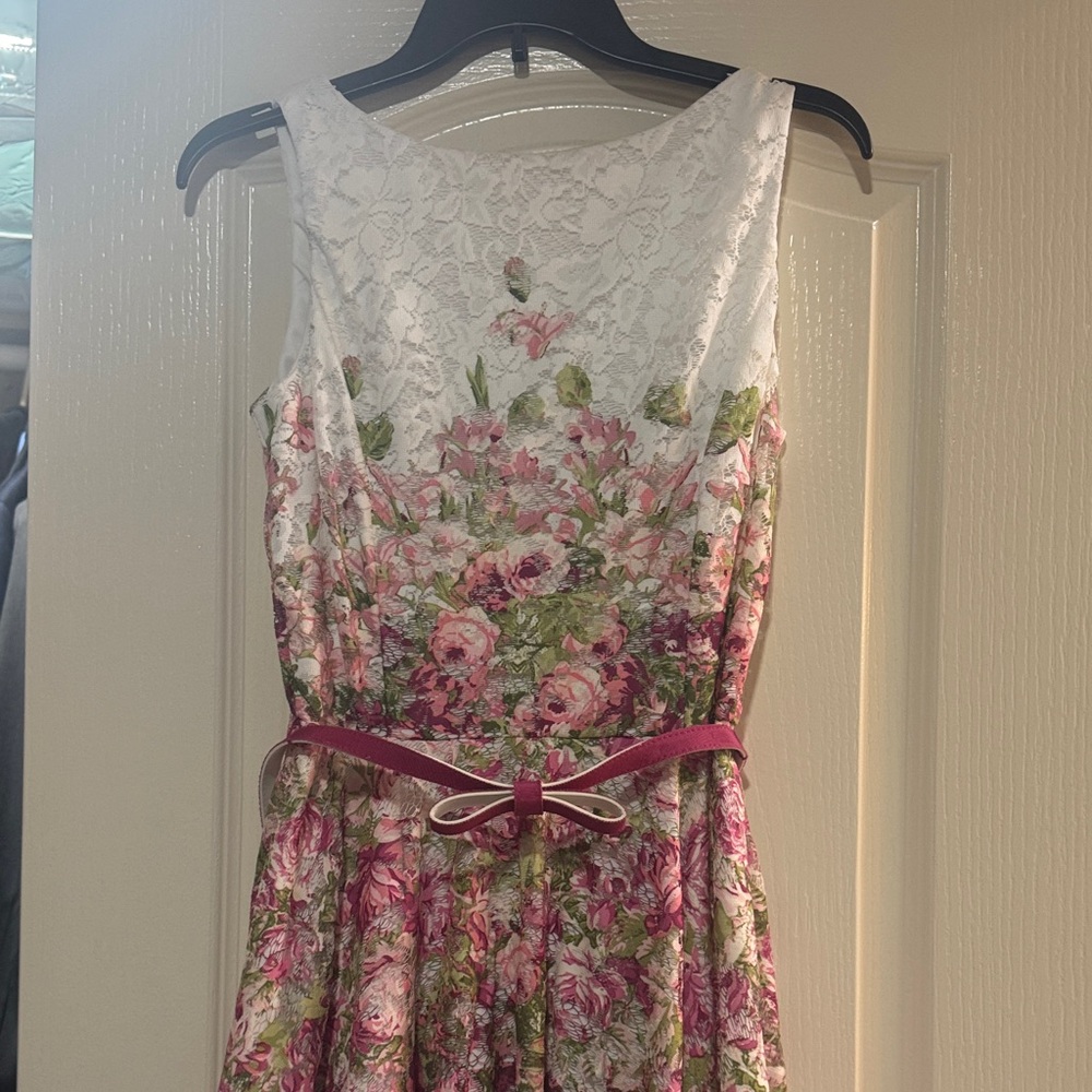 Danny & Nicole White Lace Floral Midi Dress with Pink Belt